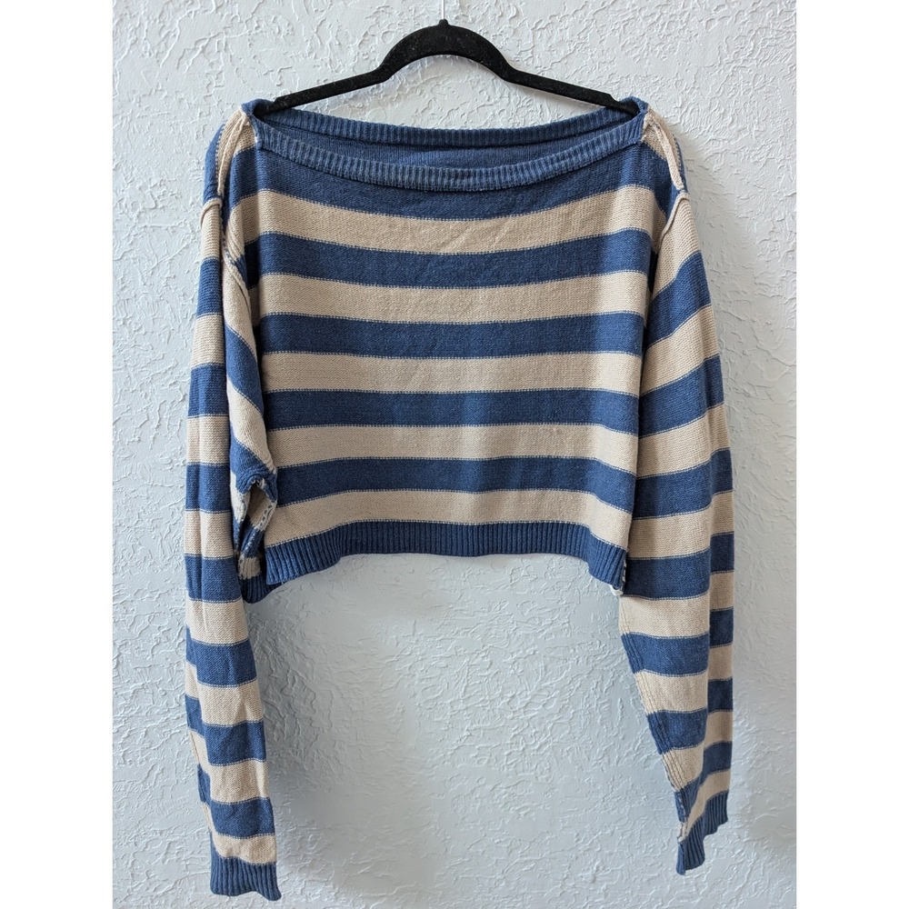 We The Free Into the Blue Sweater Women S Wool Blend Blue Tan Striped Cropped